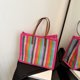 thumbnail image 5 of Bolso de mano tejido a rayas para mujer bolso de mano bolso de viaje para exteriores (Borgoña), 5 of 9