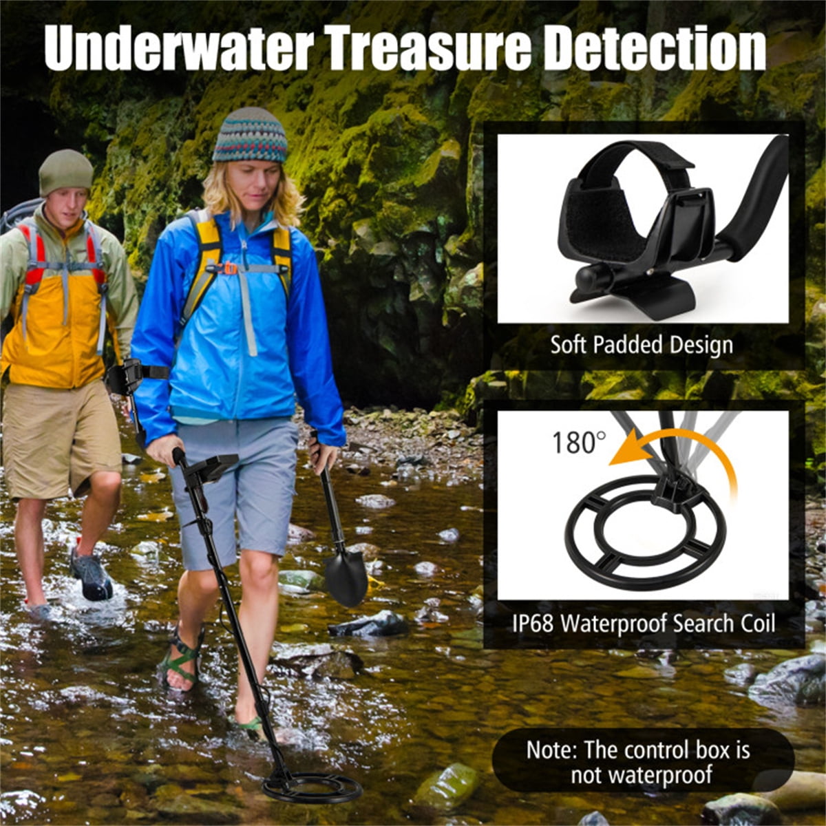 Metal Detector Black IP67 Waterproof Search Coil 4Modes 10In Depth DSP Chip LCD Display Adjustable 44.5In Beach Outdoor Adventure Adults Teens Shovel Headphones Carry Bag Batteries Gold Coins Relics