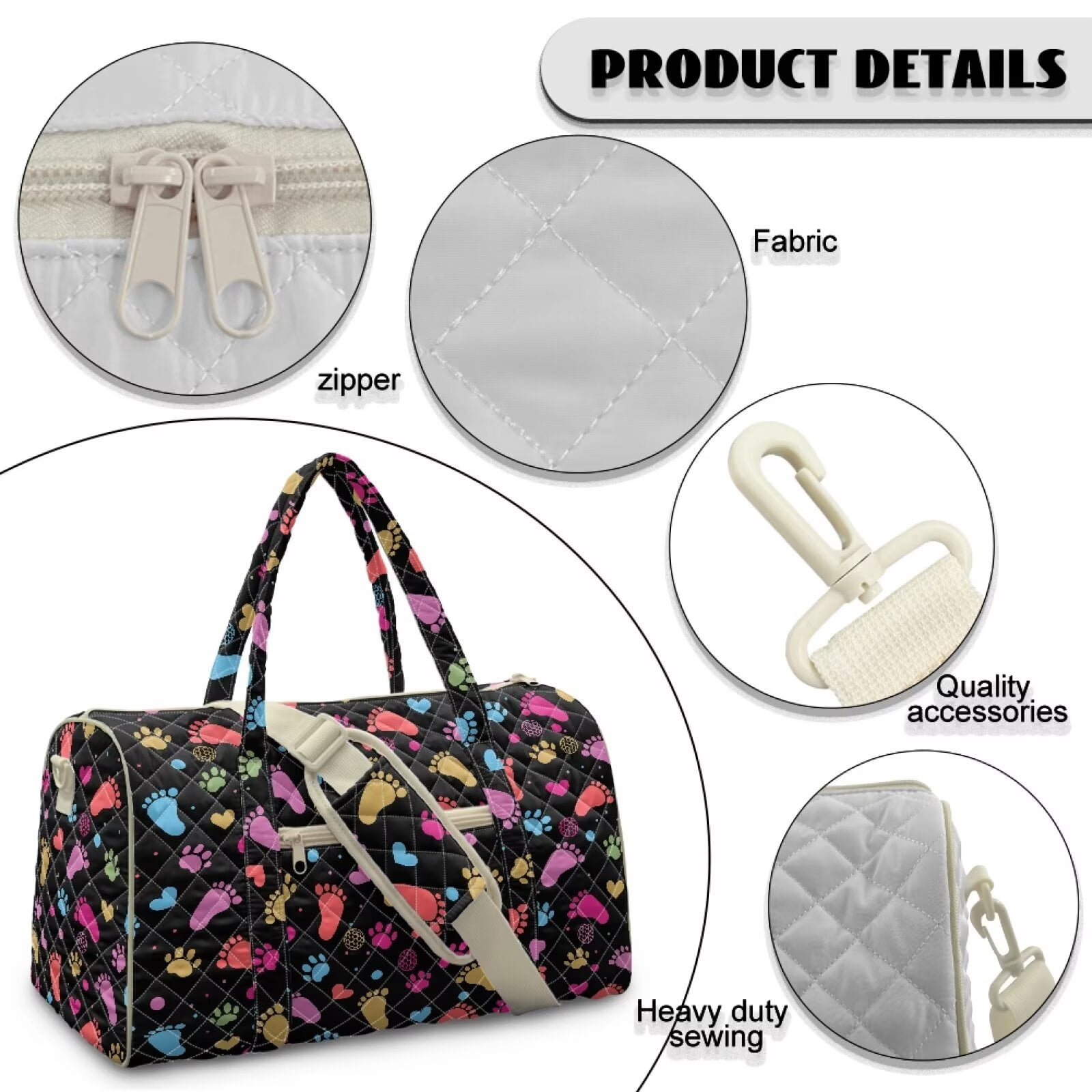 Pzuqiu Quilted Weekender Bag for Women, Large Capacity Puffy Duffle Bag with Colorful Paw Print, Lightweight Portable Carry-On Travel Tote Overnight Bags for Trips, Gym, Hospital