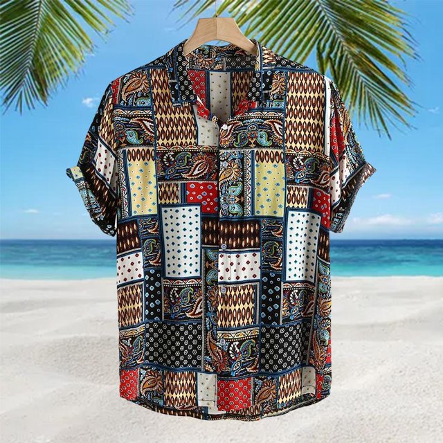 Camisas para hombre, Camisas de poliéster, Camisas de cuello cuadrado, Camisa estampada de manga corta de corte regular, Ropa de hombre para f L Baoblaze Camisas para hombre