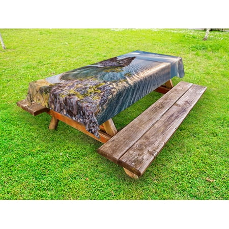

Travel Outdoor Tablecloth Shaman Rock Lake Baikal in Russia Coastal Theme Sun Rays Scenic Vista Print Decorative Washable Fabric Picnic Table Cloth 58 X 84 Inches Green Brown Blue by Ambesonne
