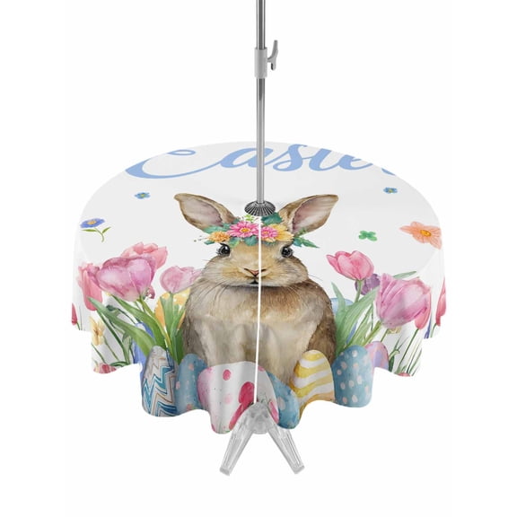 Outdoor Tablecloth with Umbrella Hole and Zipper, Easter Round Table Cloth 60 Inch Waterproof Tablecloth, Pink Tulip Flowers Spring Watercolor Bunny Floral Picnic Table Cover for Patio Camping