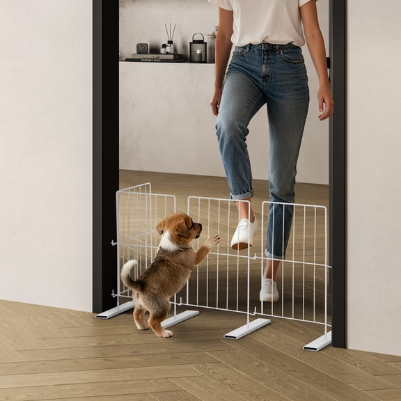 4 Panels Pet Gate for Puppies - Expandable Dog Fence Freestanding, Pet Barrier, Stable in Multiple Shapes, Easy Step Over Design for All Dog Sizes - White