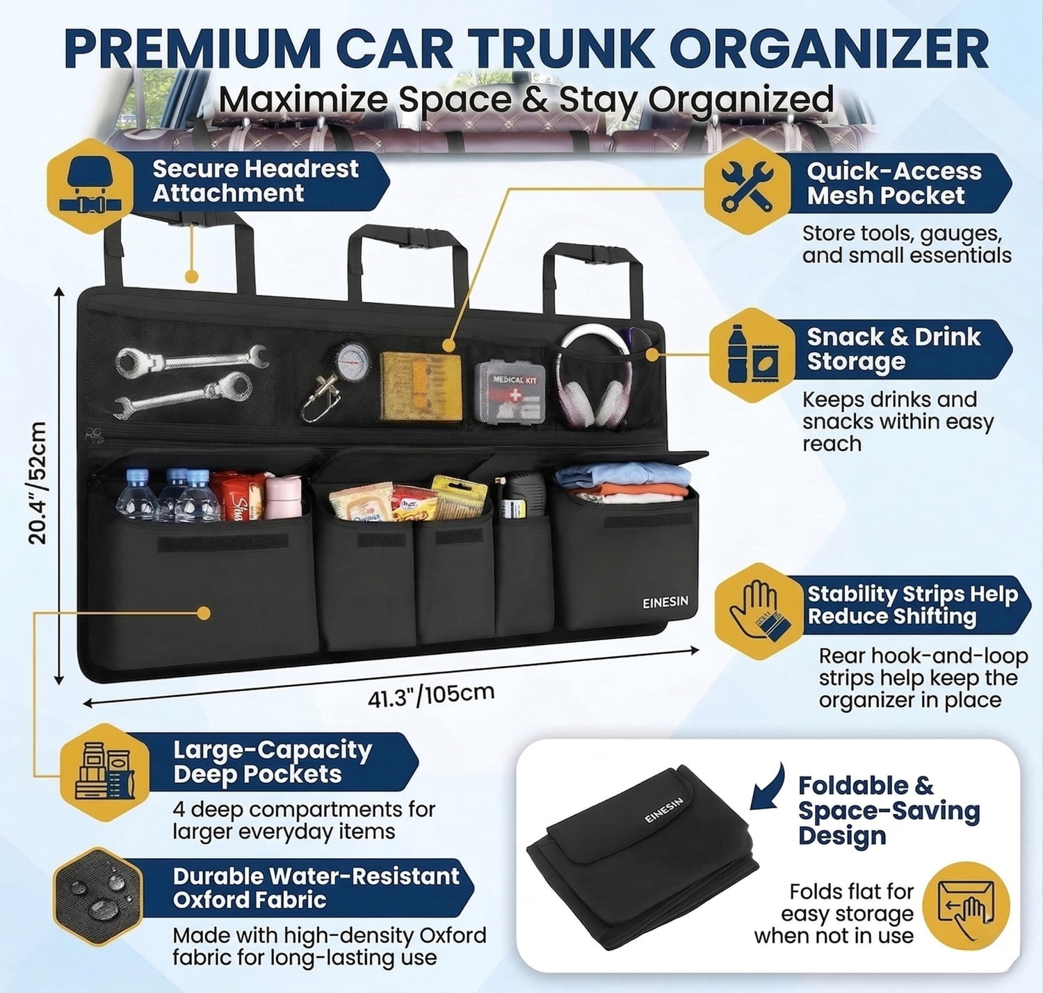 Car Trunk Organizer 9 Pockets Backseat Hanging Storage Bag SUV 41x20in