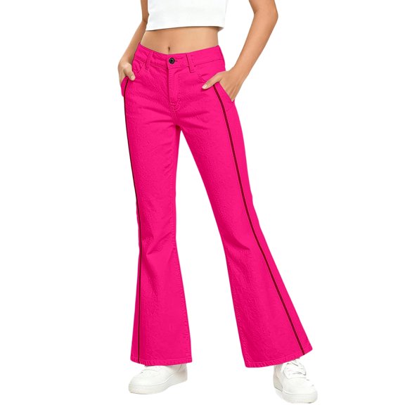 JIAYUE Girl's Kids Pants Stylish Casual Solid Color Corduroy High Waist Wide Leg Button Front Zipper Straight Trousers With Pockets Relaxed Fit For Child Daily Wear,15-16 Years