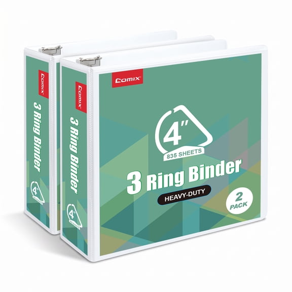 Comix Heavy-duty 4 inch 3 Ring Binder with Clear Cover,D Ring, 835 Sheets Capacity, Fits US Letter Size Paper, Office School Supplies, 2-Pack White