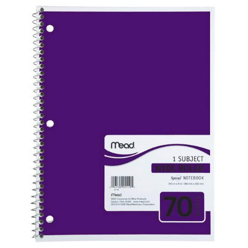 mead spiral notebook, 1subject, 70count, wide ruled, purple (05510