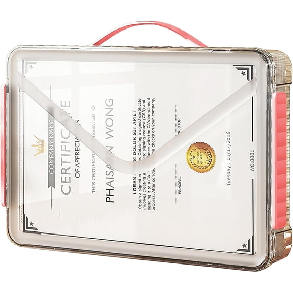 SAYEEC Clear A4 File Storage Box with Handle, Stackable Plastic Document Organizer with Lid for  A4 Paper, Magazine, Photos & Crafts, Red