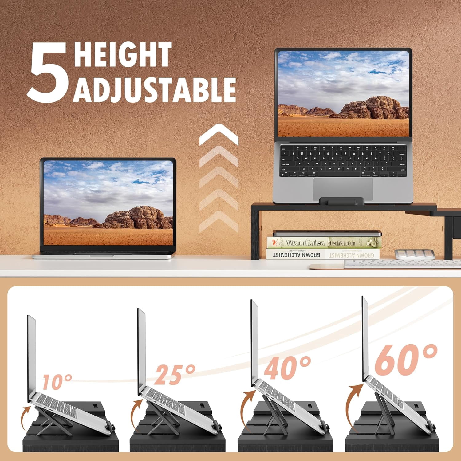 Dual Monitor Stand Riser with Storage Drawer - Adjustable Computer Monitor Desk Organizer for Office Home, Black