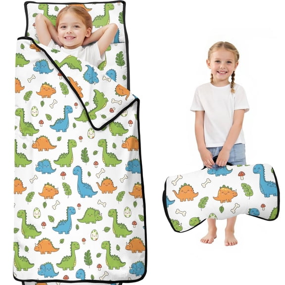 White Cartoon Dinosaurs Mushrooms Pattern Teens Toddler Nap Mat with Pillow, Sleeping Mat Bag for Preschool Daycare 59"x22"
