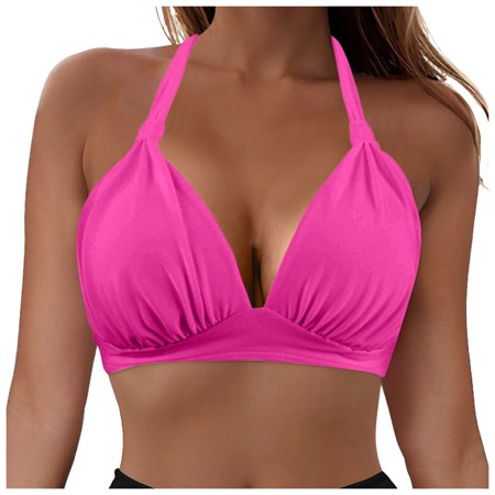 vigerkar Halter Bikini Top for Women Ruched Swim Top Triangle Bikini Bathing Suits Swimwear NO Bottom Hot Pink  S