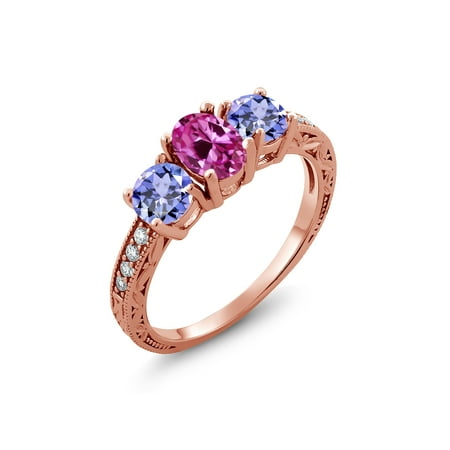 Rose Tanzanite Ring - 1.94 Ct Pink Created Sapphire Blue Tanzanite 18K Rose Gold Plated Silver Ring