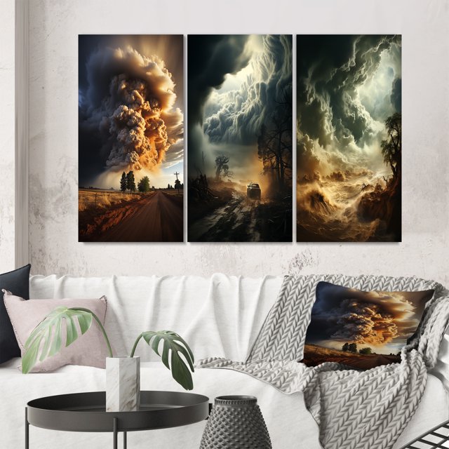 Designart "Nature s Fury Unleashed" Landscape & Nature Wall Art Set Of 3 - Orange Storms Canvas Set For Living Room Decor