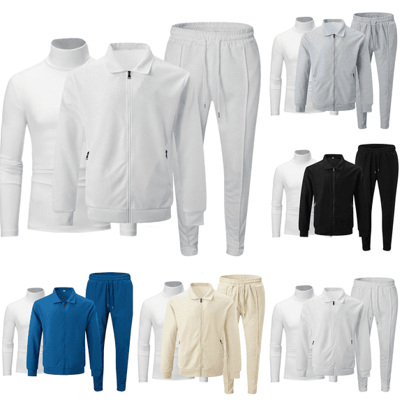 Frnrwgo Men's Jacket & Top & Pants 3-Piece Set Loose Fit Full Zip Breathable Lightweight Casual Tracksuit Outfit with Pockets