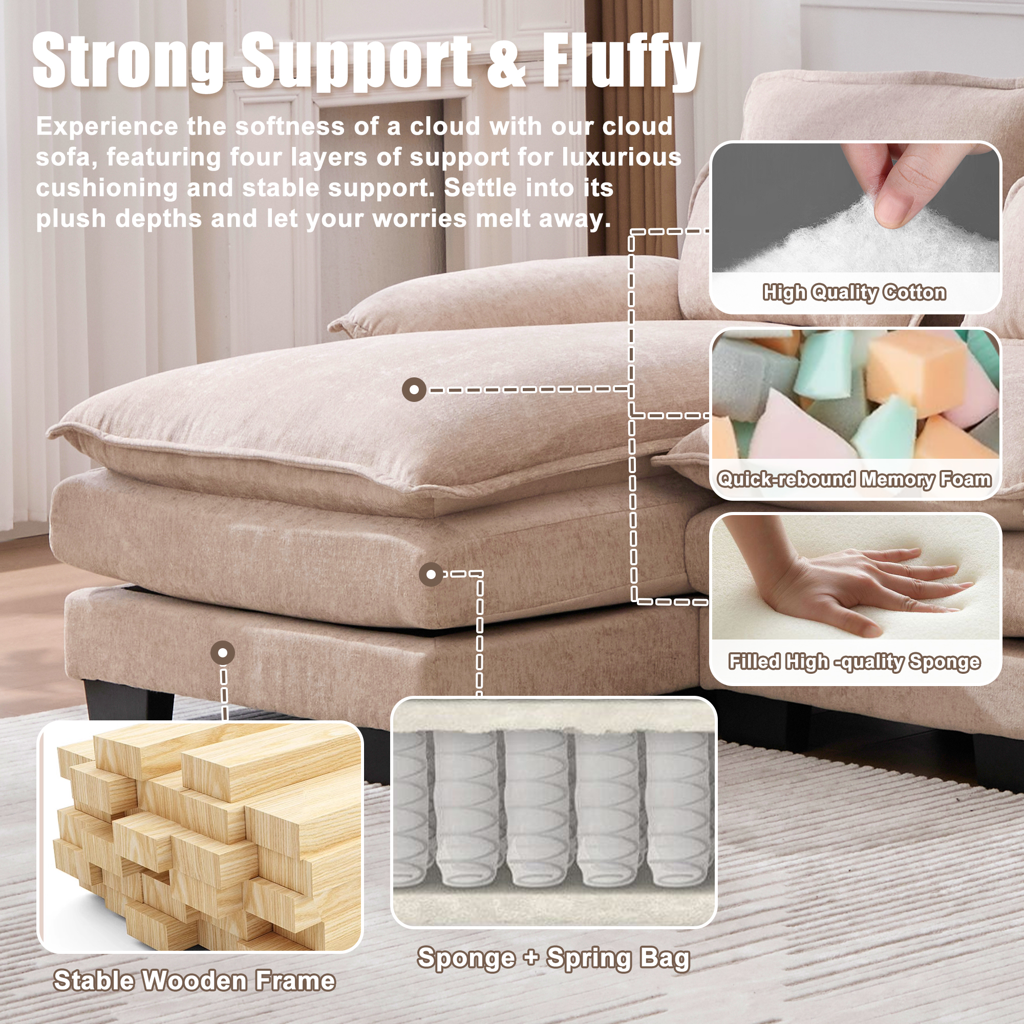 MOONMISS Chenille Upholstered U-Shaped Modular Wood Frame Sleeper Sectional Sofa with Double Chaise-Khaki