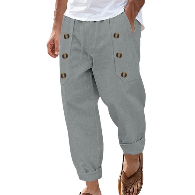 Pisexur Sweatpants for Men High-end Fabric Work Pants for Men Casual Beach Solid Color Linen Loose Drawstring Button Pocket Pants Dark Gray,3XL