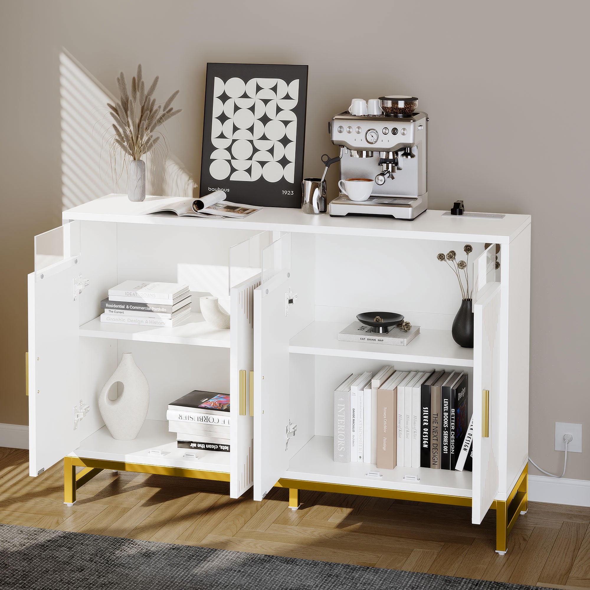Uforic 47" Buffet Sideboard Cabinets with LED Light, Modern Coffee Bar Cabinet with Power Outlet, Kitchen Storage Cabinet with 4 Door & Open Storage, Accent Cabinet Cupboard Console Table