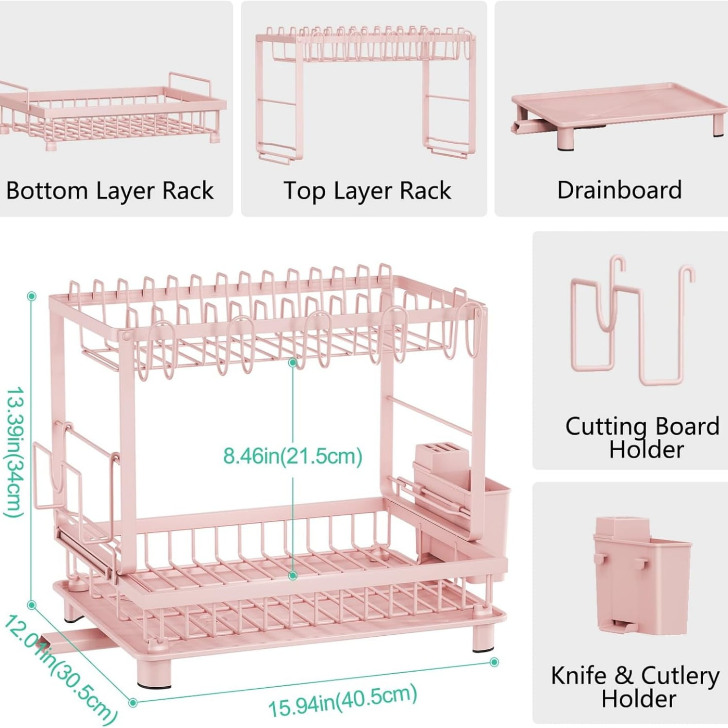 Multifunctional Dish Drying Rack - Rustproof, 2-Tier Dish Racks with Drainboard, Space-Saving Design, Utensil & Cup Holder for Kitchen Counter, Pink