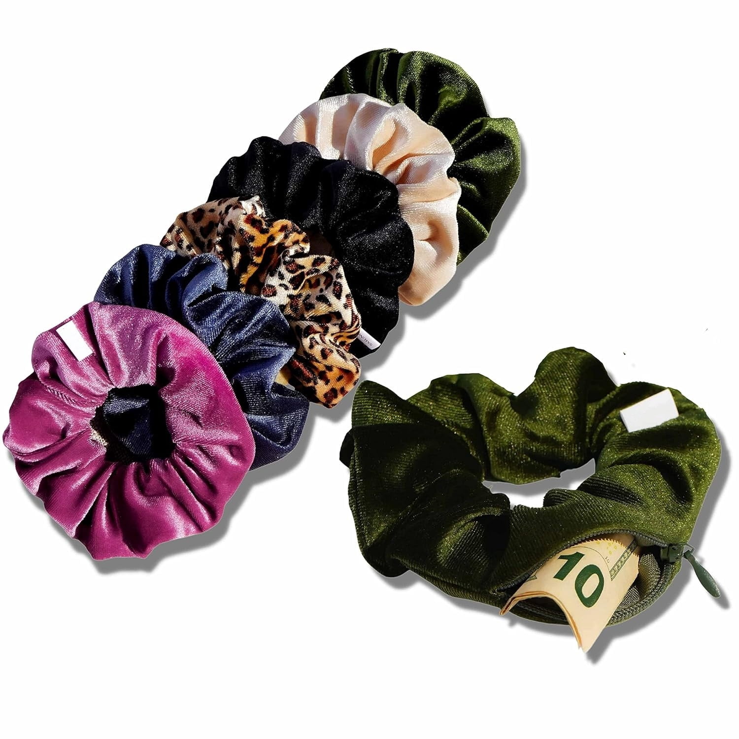 Velvet Scrunchie Set of 6 | Hidden Zipper Pocket Storage for Cash, Keys,  | Women's Hair Accessory