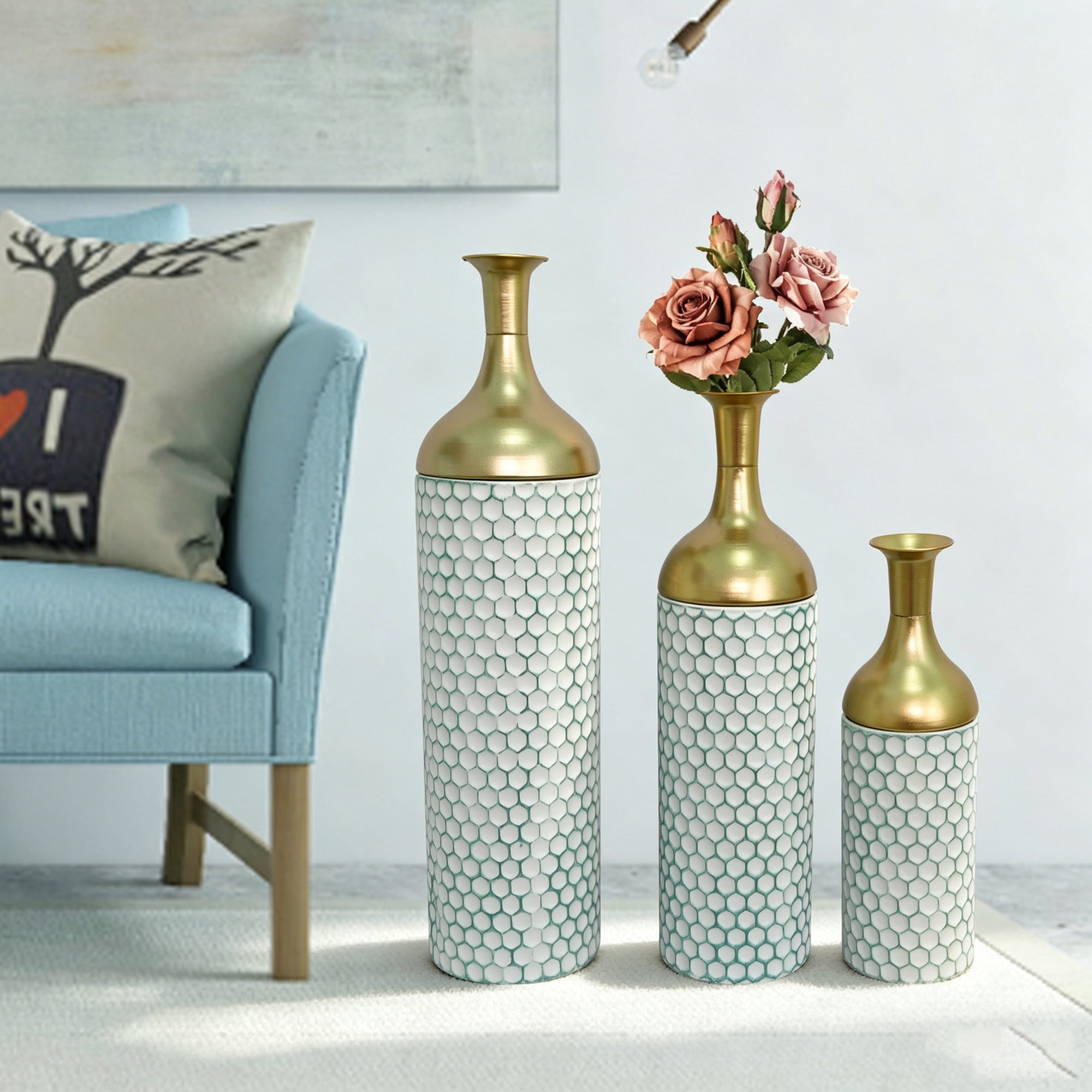 Leumius Decorative Metal Vases Set of 3, Gold Leaf Pattern Floor Vases, White & Gold Tall Vases for Home Decor, Living Room Entryway Decor