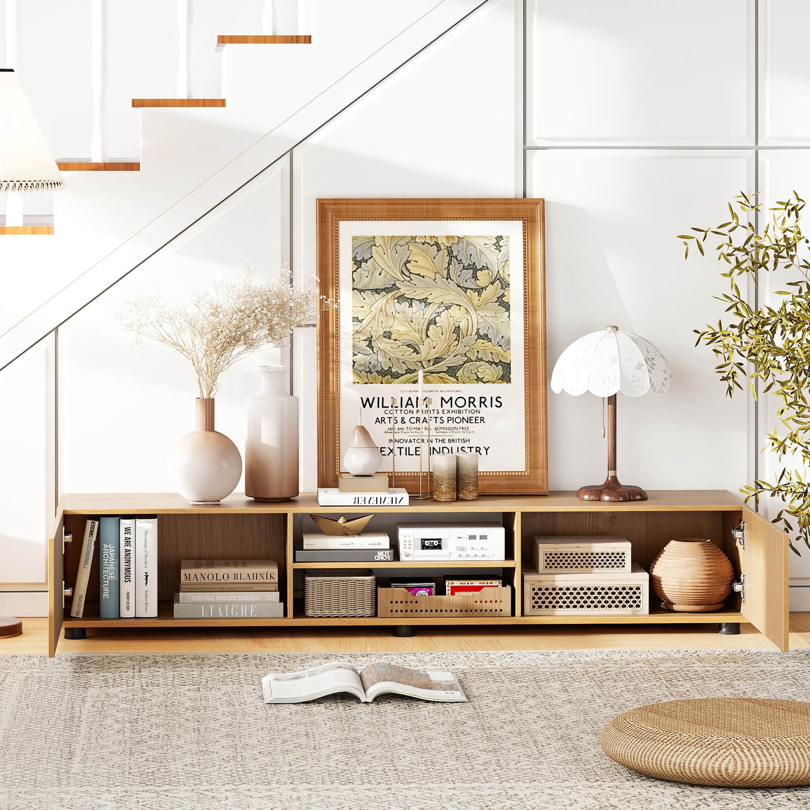 Costway TV Stand for up to 70” TVs, Media Console Table with Double Doors & Open Shelves Natural