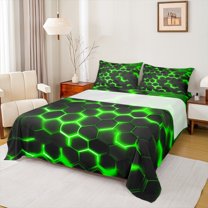 Manfei Geometric Honeycomb Full Size Sheets,Modern Minimalism Geometric Bed Sheets,Green Black Hexagon Sheet Sets For Teens,Ultra Soft Home Decor,4pcs