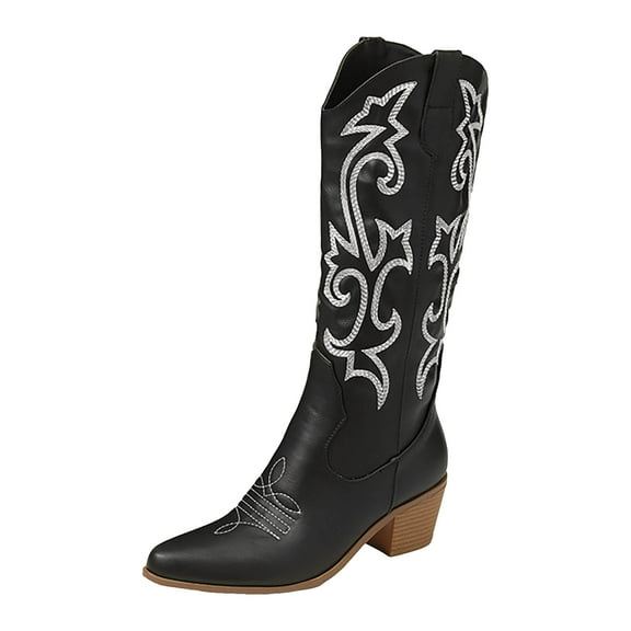 Knee High Cowboy Boots Women Wide Mid Calf Leather Pointed Toe Western Cowgirl Slip on Knight Riding Boots