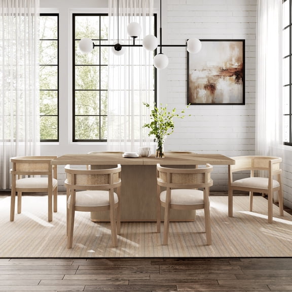 Christopher Knight Home 84" Dining Table Set for 6, Rectangle Wood Table with Upholstered Cane Back Chairs