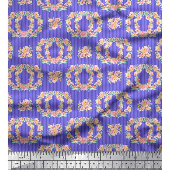 Soimoi Purple Cotton Voile Fabric Wreath & Stripe Print Fabric by Yard 42 Inch Wide