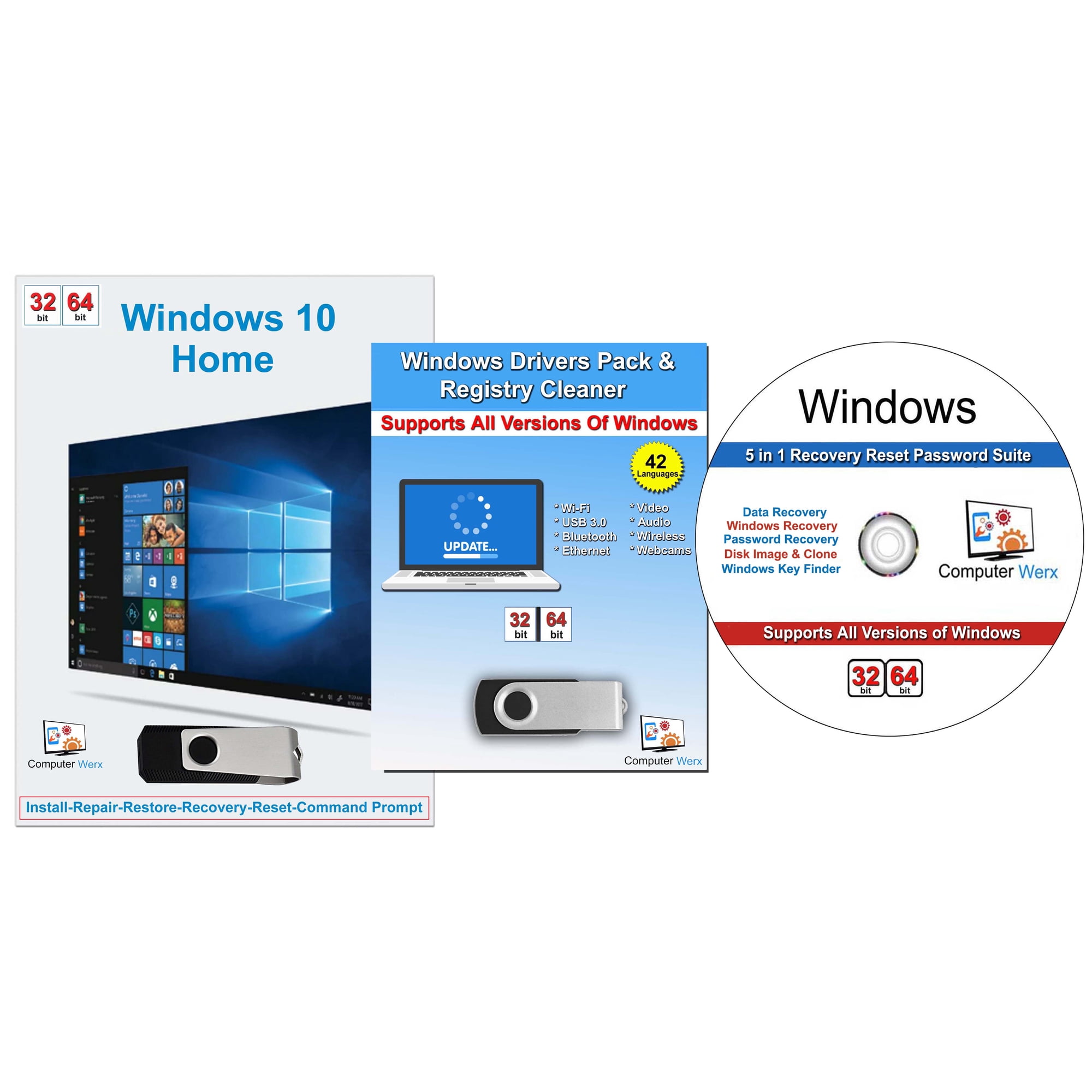Computer Werx Windows 10 Home 32/64 Bit USB with Key Install Repair Recover Restore USB & Drivers Pack, 2 Pack