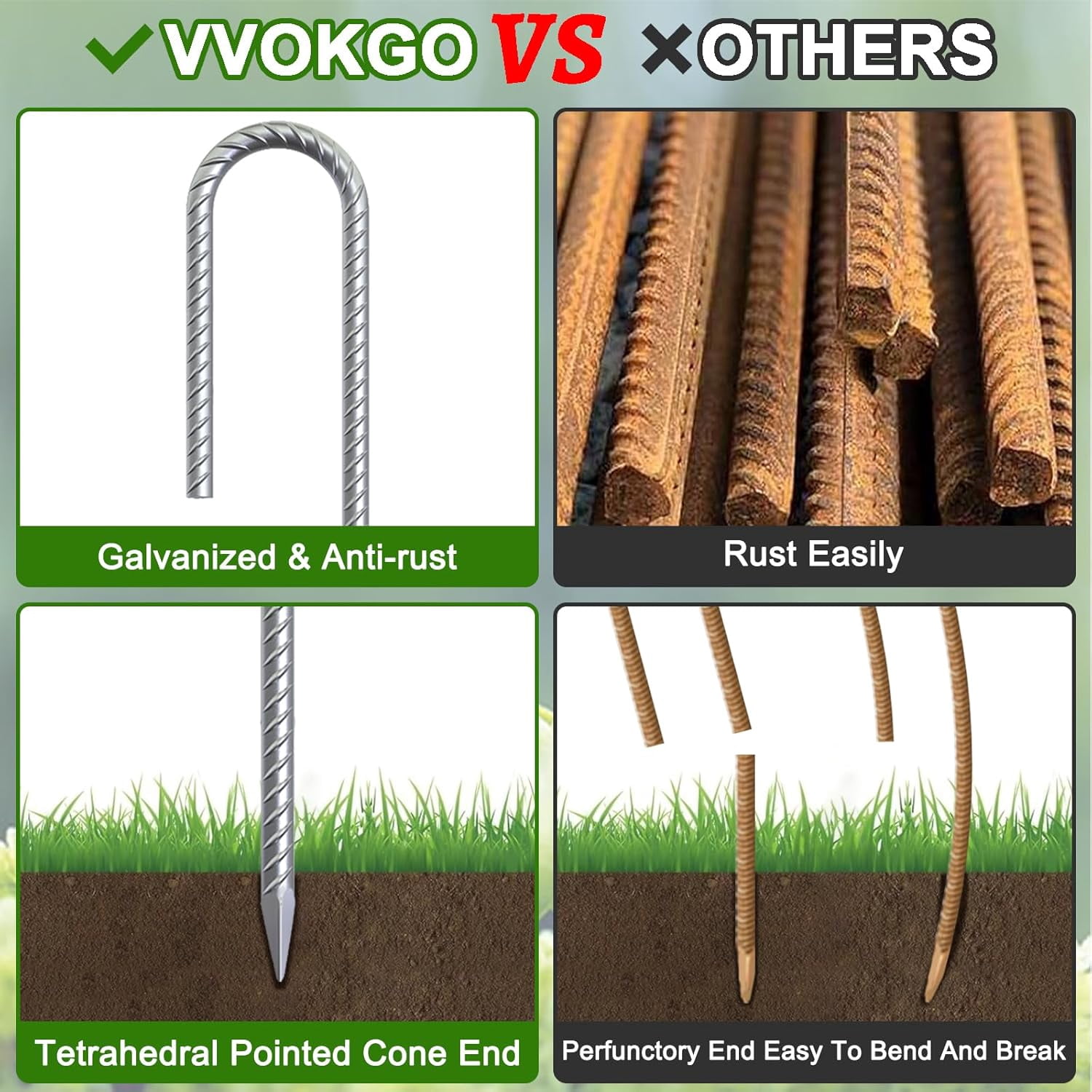 Rebar-Stakes-12-Inch Galvanized Ground Spikes,20 Pack J Hook Tent Stakes Heavy Duty Anti-Rust Fence Anchors with Chisel Point End, Securing Pins, Soccer Goals, Camping Tents, Garden Decoration