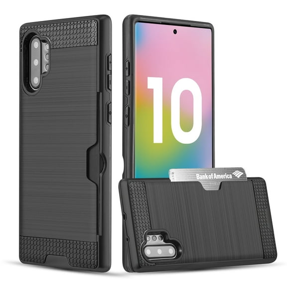 Rugged Hybrid Case Designed for Galaxy Note 10 /10  5G (2019) With Credit Card Slot And Rotating Ring Holder (Black)