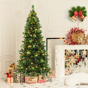Gymax 7 FT Pre-Lit Artificial Christmas Tree w/ 974 Branch Tips & 400 Multi-Color & Warm-White LED Lights