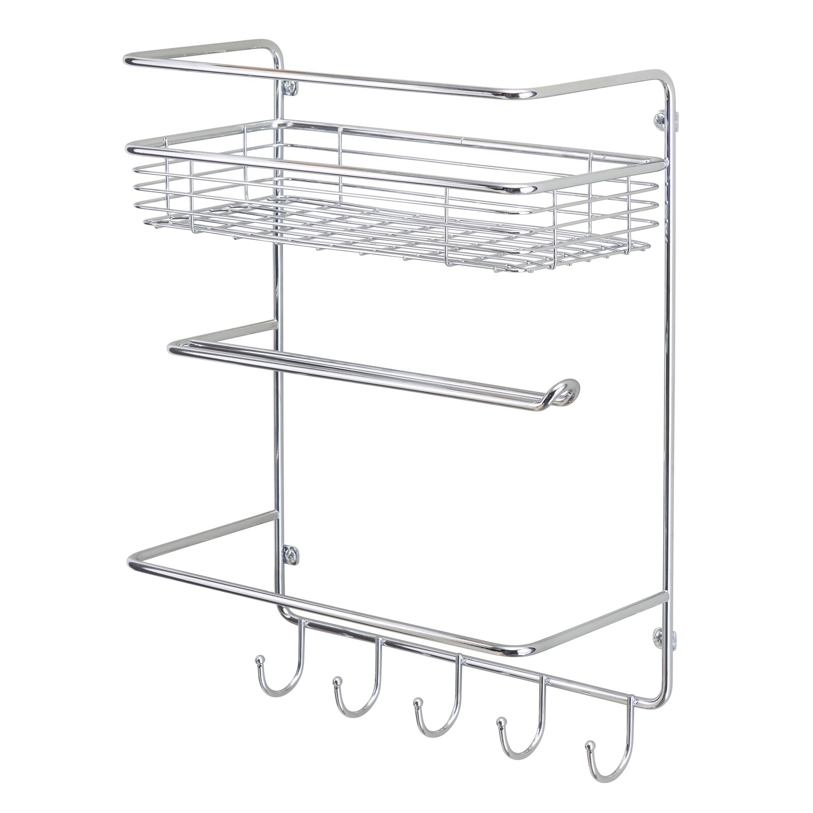 mDesign Metal Wall Mount Paper Towel Holder with Storage Shelf and Hooks for Kitchen, Pantry