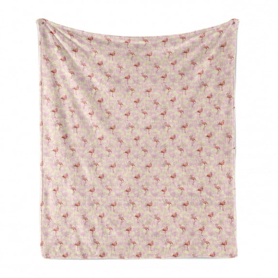 Flamingo Soft Flannel Fleece Throw Blanket, Rhythmic Exotic Long Legs Winged Animal Tropical Climate, Cozy Plush for Indoor and Outdoor Use, 50" x 70", Cream Baby Pink, by Ambesonne