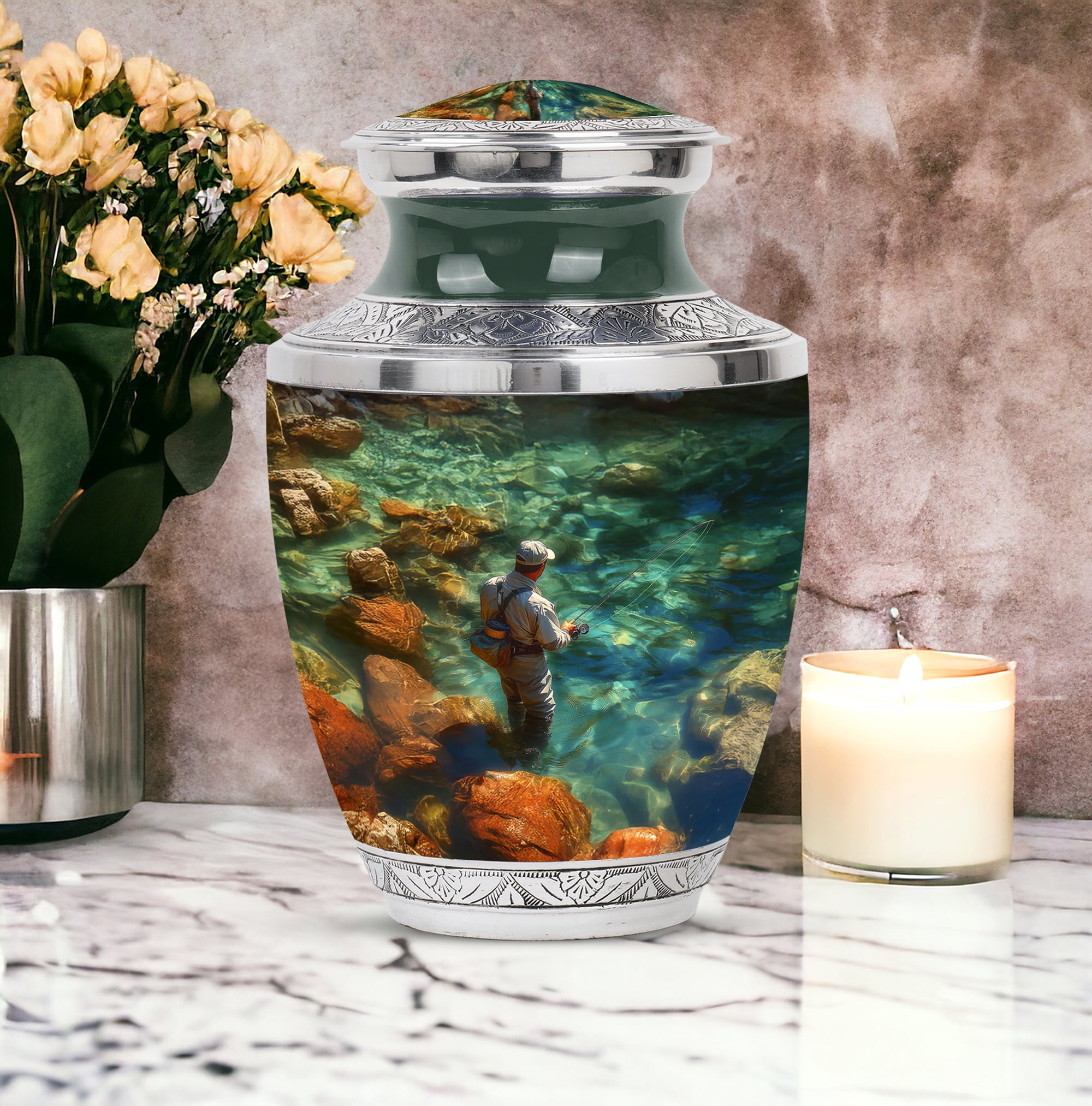 YATHABI Fishing Cremation Urn - Large Urns For Human Ashes Adult Male - Small Keepsake Urn For Adult Female - Little Urn For Ashes For Women - Memorial Ash Holder - 10 Inch And 3 Inch