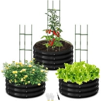 3 Pcs 2x2x1ft Round Galvanized Raised Garden Bed Kit with Tomato Cages, Metal Planter Box Outdoor Raised Garden Beds for Gardening Vegetables Flowers, Black