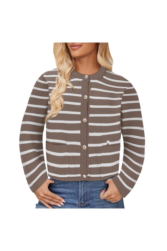 Women's Striped Cardigan Sweater Button Down Knit Loose Top Long Sleeve Casual Jacket with Pockets Crew Neck Winter Short Coat (Coffee XL)
