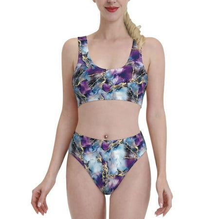 Fotbe Purple Marble Texture Women s High Waisted Bikini Tankini Sets Two Piece Bathing Suits High Cut Scoop Neck Swimsuit-XX-Large