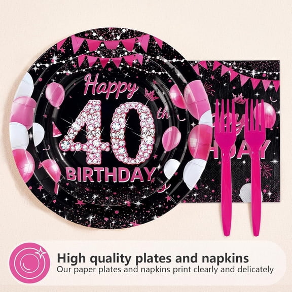 YNTVV-96Pcs 40th Birthday Party Supplies Black and Hot Pink Plates Forks and Napkins Diamond Sweet Theme Disposable Paper Tableware Set for Women 40 Year Old Birthday Party Supplies Serves 24