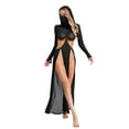 thumbnail image 1 of Lejafay Robe Maxi Transparente à Manches Longues pour Femmes, Fente Haute, à Capuche, Noire, TTG, 1 of 5