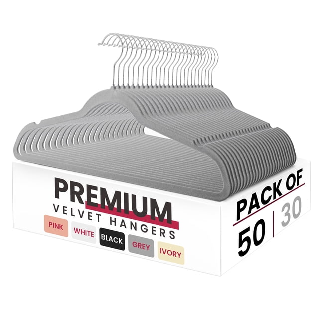 Velvet Hangers LUX Decor Grey, paquete de 50 prendas antideslizantes