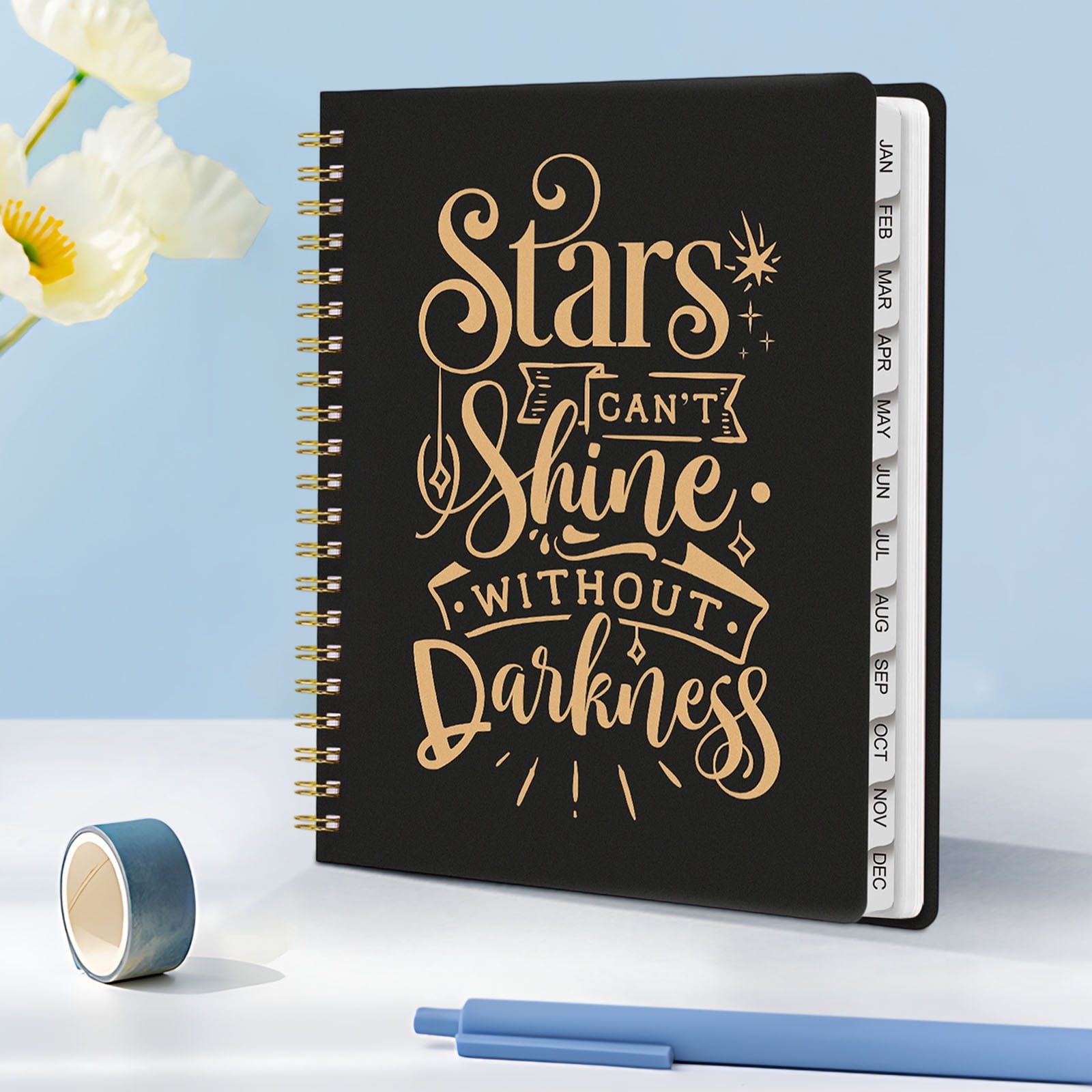 Tuvgenk Spiral Notebook A4 Black Subject Notebook Thick Stars Travel Diary with Separating Pages