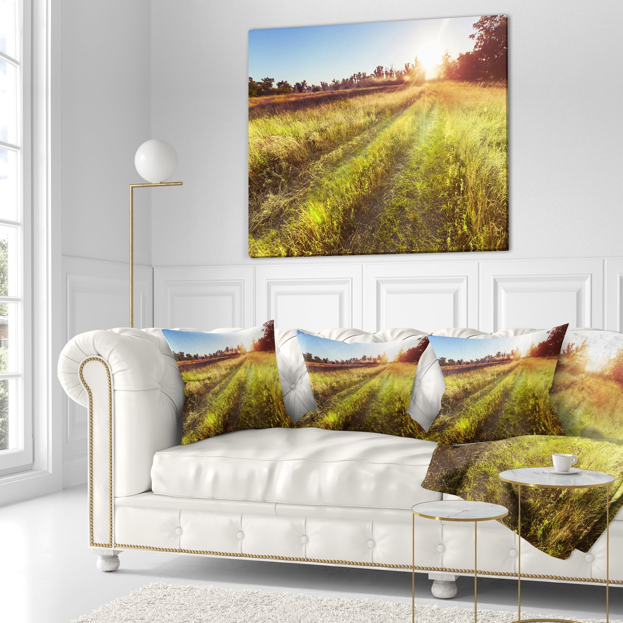 Designart Farm Road in Rural Meadow - Landscape Printed Throw Pillow - 16x16