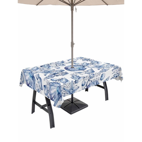 Outdoor Tablecloth with Umbrella Hole for Patio/Picnic/Party/Camping, Blue Coastal Waterproof Table Cloth Rectangle Table Cover Washable, Summer Conch Starfish Scallops Vintage Nautical (52"x 70")