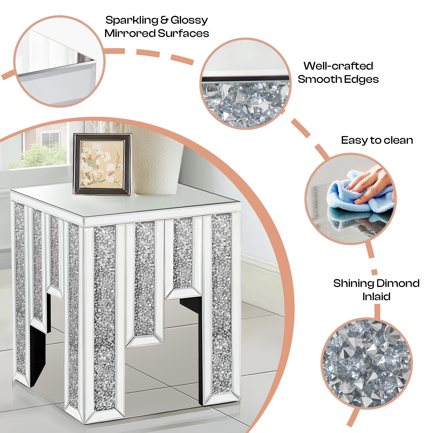 Modern Crystal Mirrored Side Table, Living Room End Table, Bedside Table, Nightstand, Silver