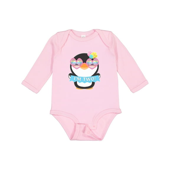 Inktastic I'm 2 Cute Penguin with Sunglasses and Flowers Boys or Girls Long Sleeve Baby Bodysuit