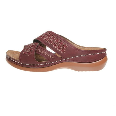 

Women s Slides On Sandal PU Leather Soft Footbed Orthopedic Arch-Support For Lady Shoes Home Slippers 42 Wine Red