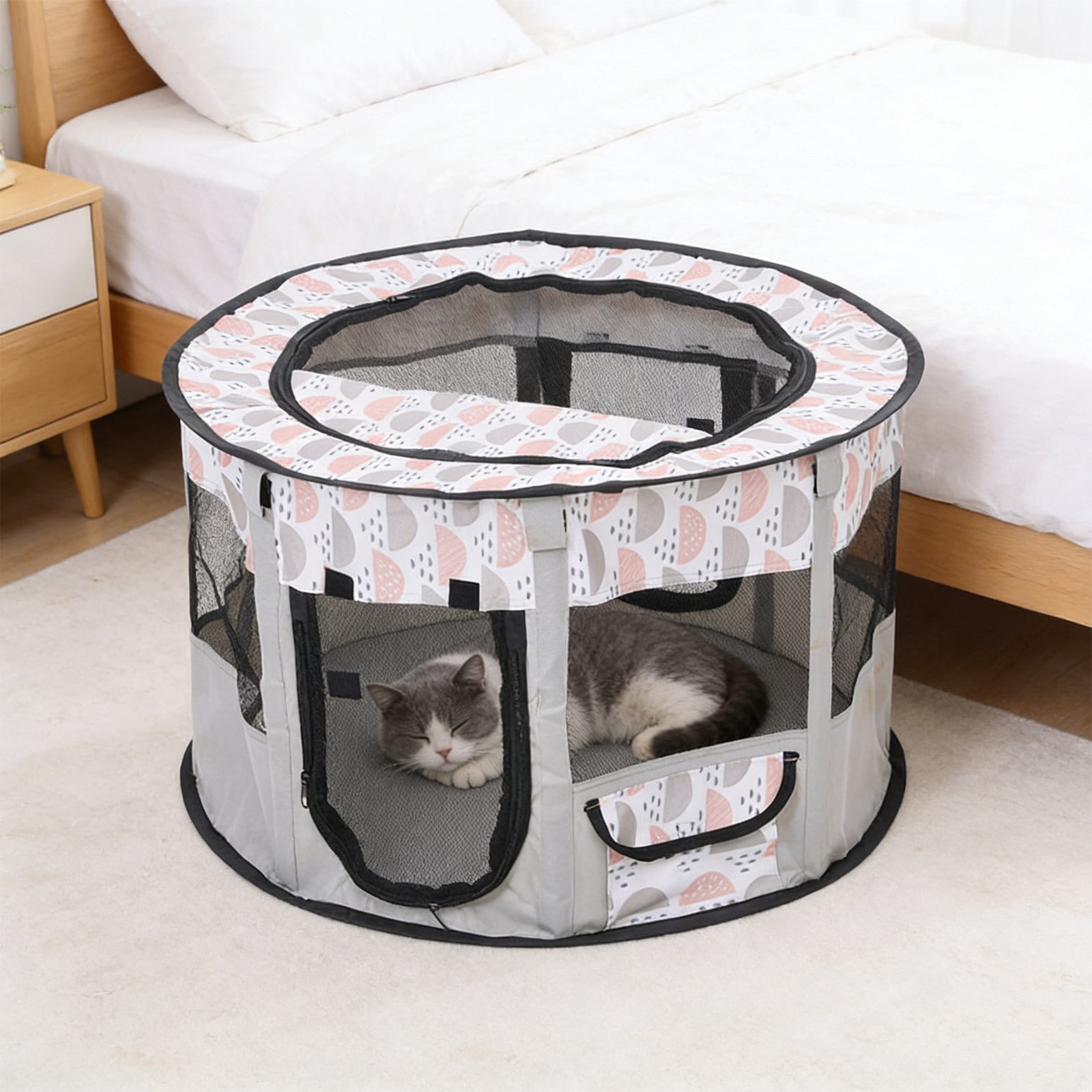 Portable Pet Cat Playpen, Round Cat Cages Indoor Collapsible Dog Crates Tent Kennel Playpen Indoor & Outdoor (Gray)