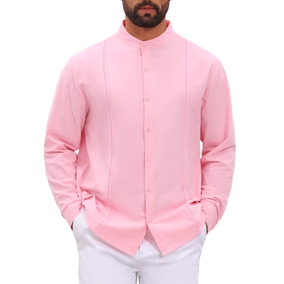 INSPIRE CHIC Men's Cuban Guayabera Shirt Long Sleeve Button Down Casual Summer Beach Shirts M Pink